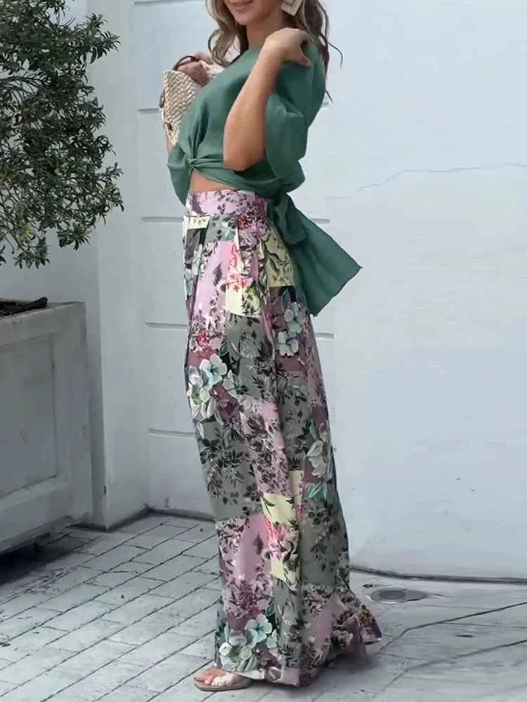 UAKISS  -  Fall Print Two Piece Set Women Outfit  Twisted Crop Top & Floral Print Wide Leg Pants Set Elegant Suits for Woman Clothing