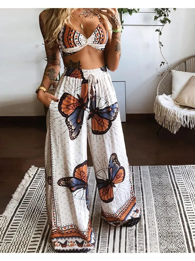 UAKISS  -  Sexy Butterfly Print Pants Sets Women Summer Two Pieces Outfits Strap Bra Bustier High Waist Wide Leg Pant Chic Lady Matching
