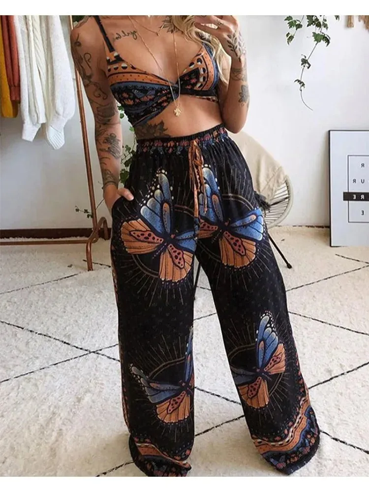UAKISS  -  Sexy Butterfly Print Pants Sets Women Summer Two Pieces Outfits Strap Bra Bustier High Waist Wide Leg Pant Chic Lady Matching