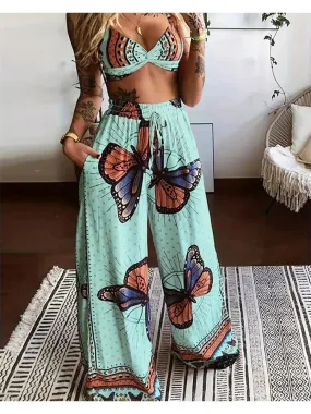 UAKISS  -  Sexy Butterfly Print Pants Sets Women Summer Two Pieces Outfits Strap Bra Bustier High Waist Wide Leg Pant Chic Lady Matching