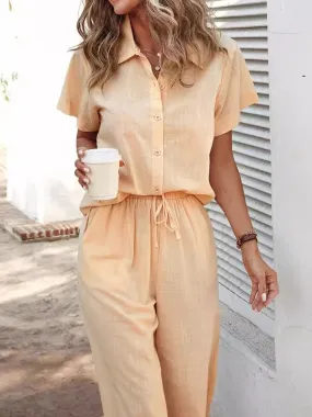 UAKISS  -  Spring Summer Elegant Women's Sets Casual Short Sleeve Buttoned Top & Drawstring Pants Set Womens Two Peice Outfits Lady Suits