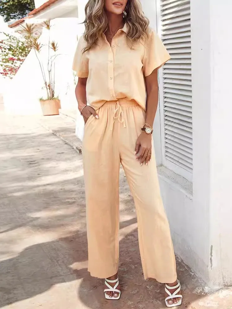 UAKISS  -  Spring Summer Elegant Women's Sets Casual Short Sleeve Buttoned Top & Drawstring Pants Set Womens Two Peice Outfits Lady Suits