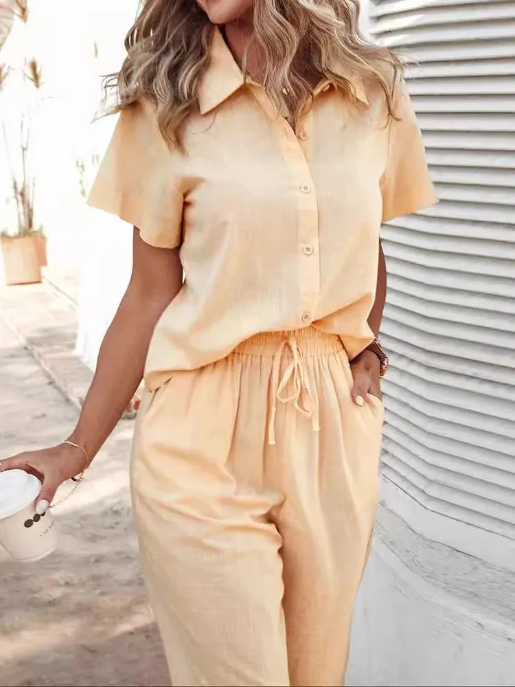 UAKISS  -  Spring Summer Elegant Women's Sets Casual Short Sleeve Buttoned Top & Drawstring Pants Set Womens Two Peice Outfits Lady Suits