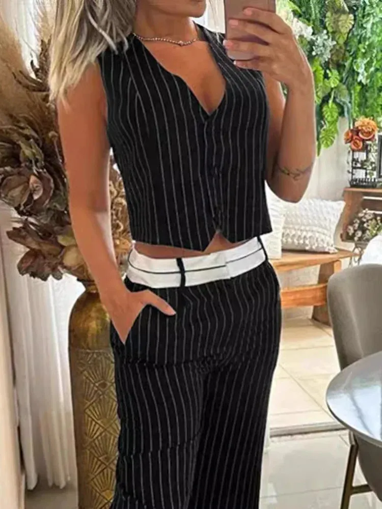 UAKISS  -  Womens Streetwear Two Piece Sets Summer New Fashion Casual Sexy Vest Top Pocket Design Loose Trousers Female Clothing Outfits