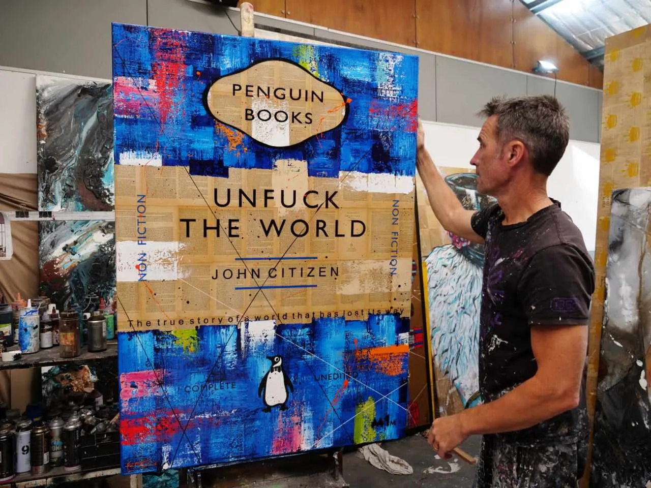 Unfuck The Blue World 140cm x 100cm Blue Unfuck The World Urban Pop Book Club Painting (SOLD)