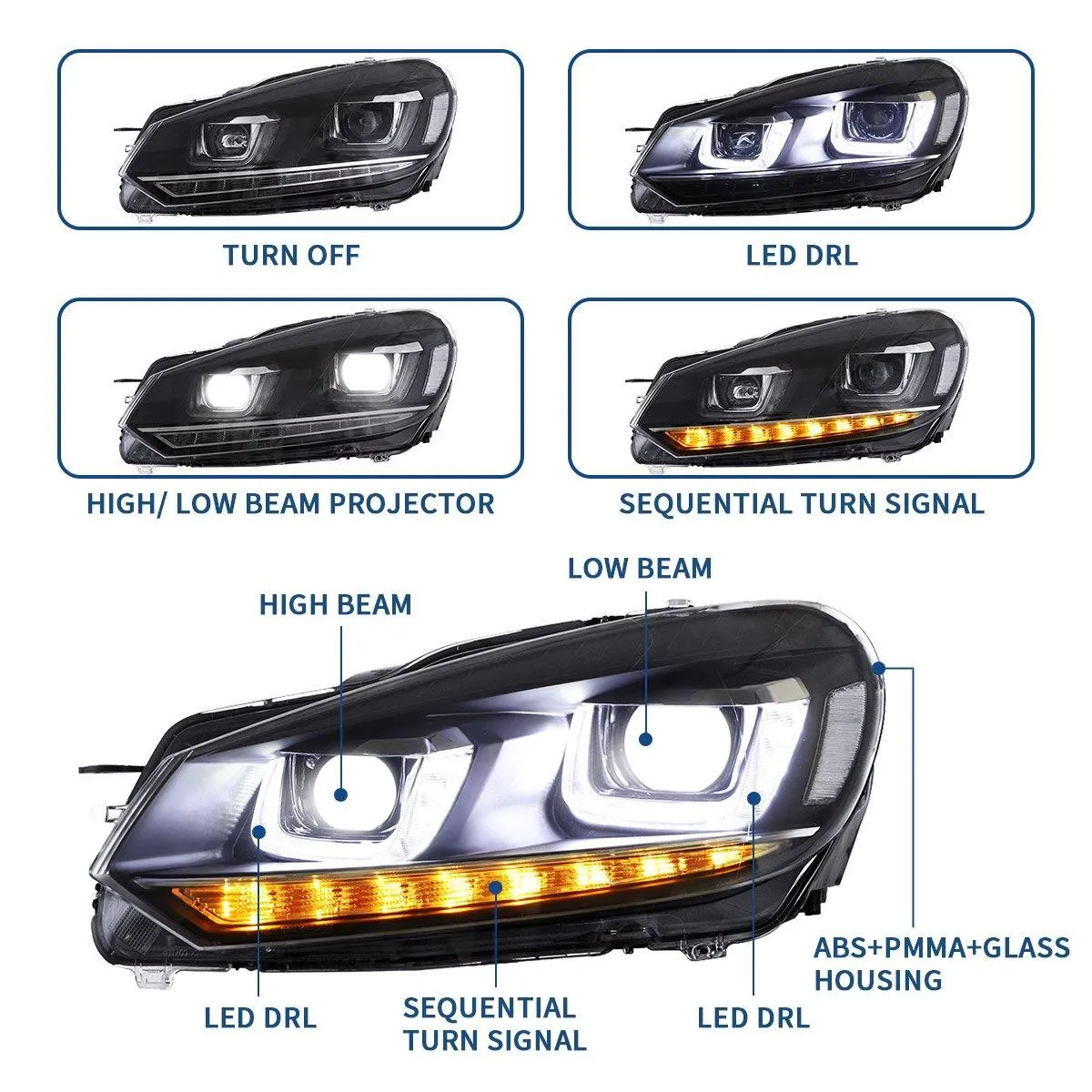 VLAND LED Headlights and Tail Lights Combo For Volkswagen Golf 6 MK6 2008-2014 With Sequential Turn Signals