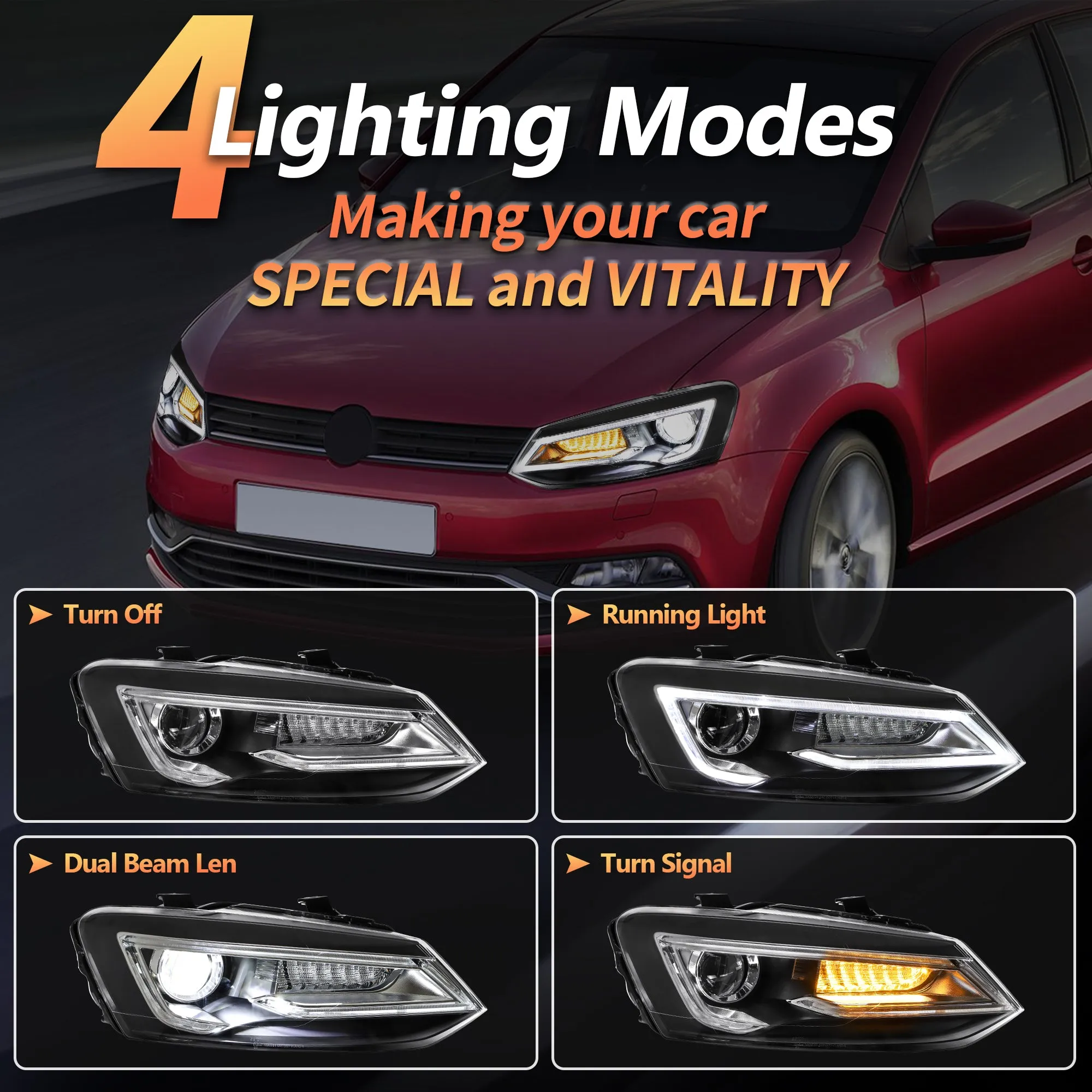 VLAND LED Headlights For Volkswagen (VW) Polo MK5 2009-2017 Turn Signal with Sequential indicators