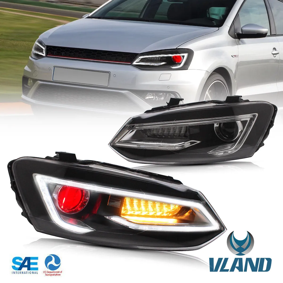 VLAND LED Headlights For Volkswagen (VW) Polo MK5 2009-2017 Turn Signal with Sequential indicators