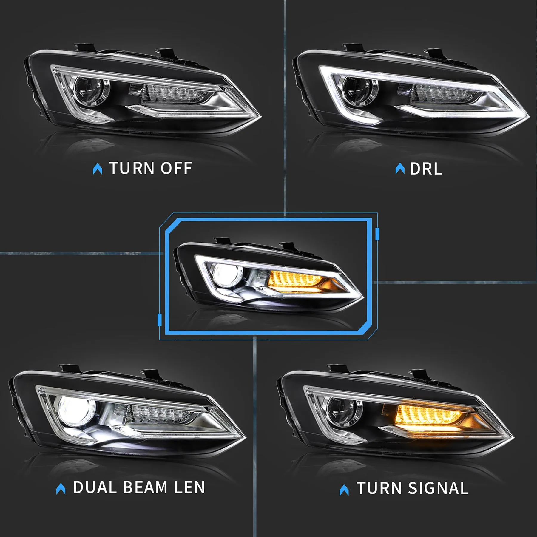 VLAND LED Headlights For Volkswagen (VW) Polo MK5 2009-2017 Turn Signal with Sequential indicators