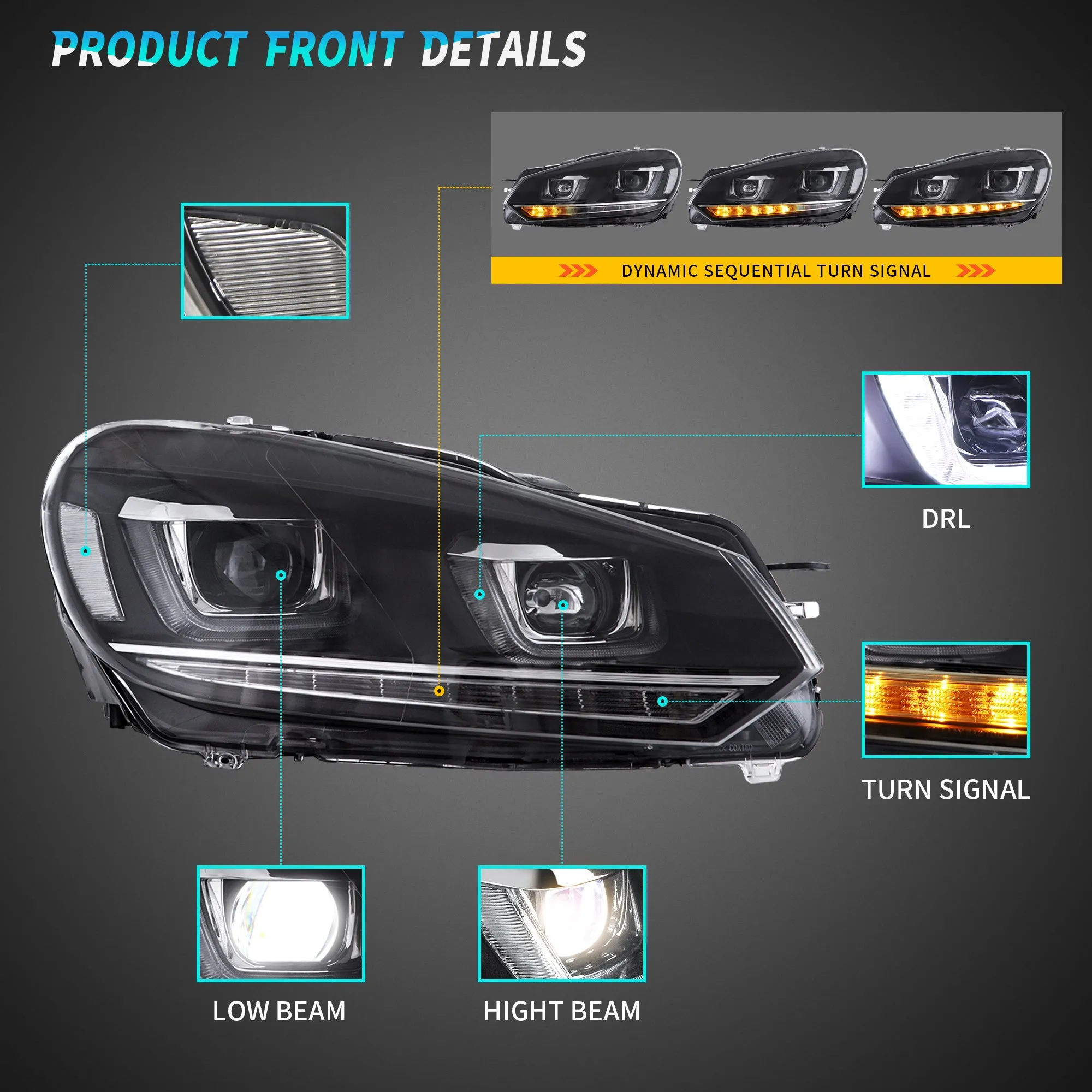 VLAND LED Headlights For Volkswagen(VW) Golf 6 Mk6 2008-2014 With Sequential [E-MARK]