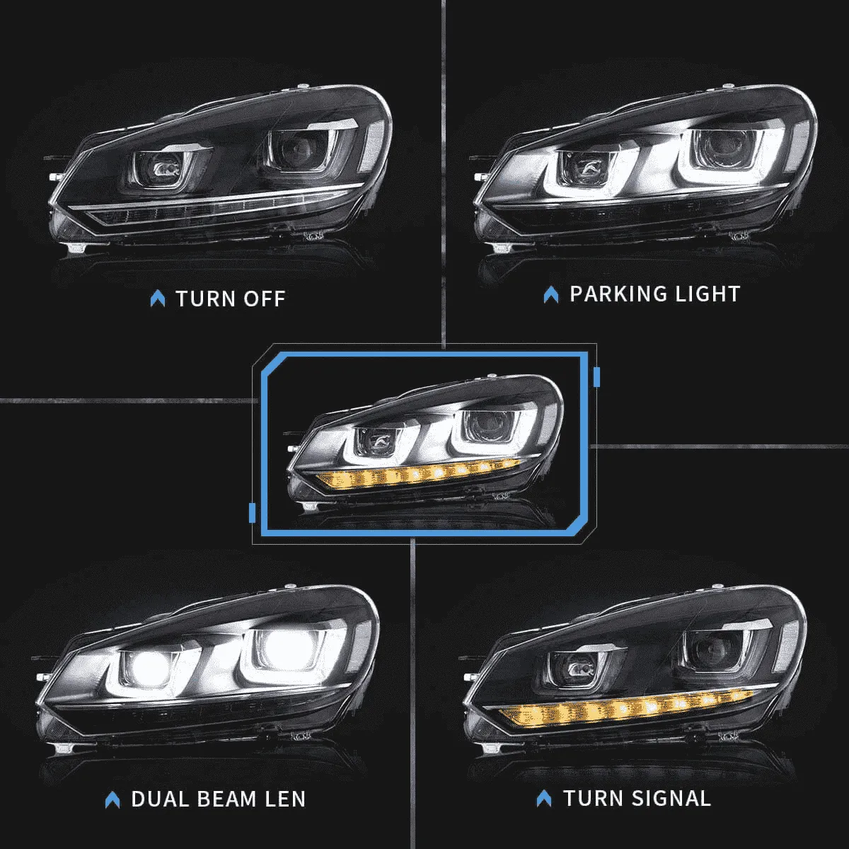 VLAND LED Headlights For Volkswagen(VW) Golf 6 Mk6 2008-2014 With Sequential [E-MARK]