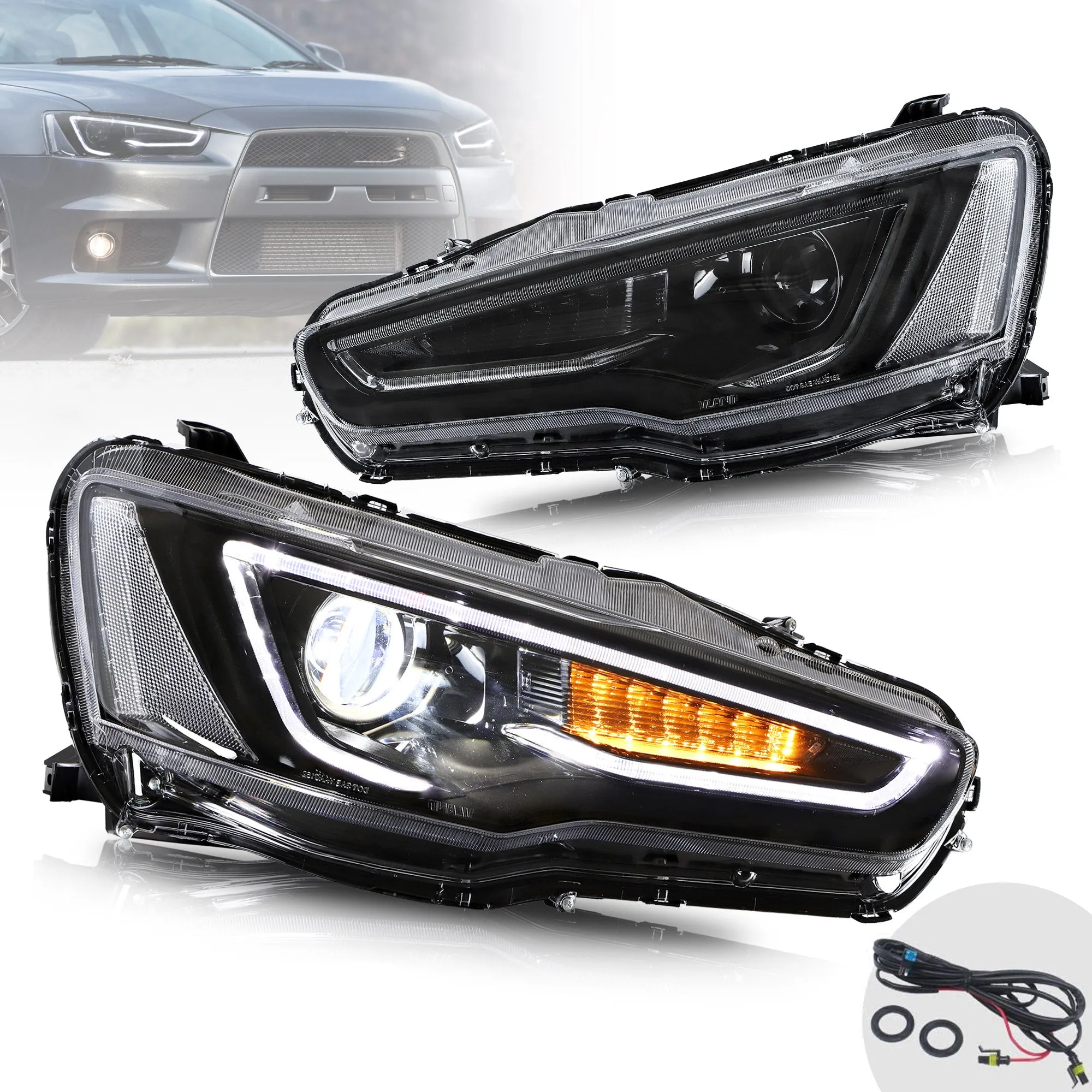 VLAND LED Projector Headlights For Mitsubishi Lancer GT EVO X 2008-2018 with Sequential Indicators