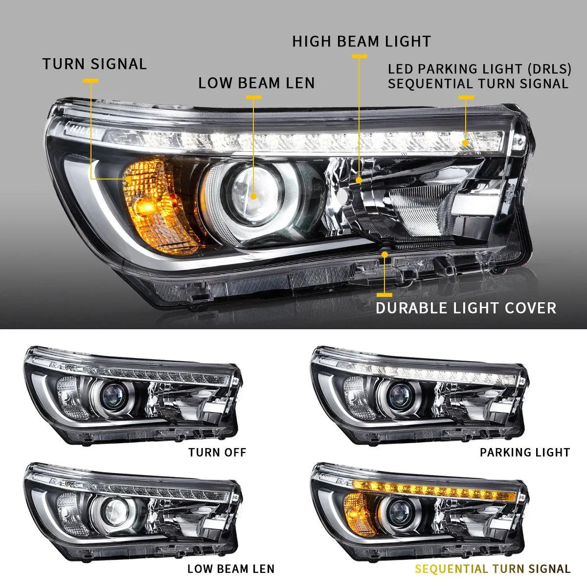 VLAND LED Projector Headlights For Toyota Hilux / Revo 8th Gen 2015-2020 With Sequential Indicators