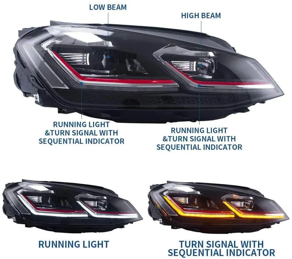 VLAND LED Projector Headlights For Volkswagen Golf 7 MK7 2013-2016 Silver & Red Stripe
