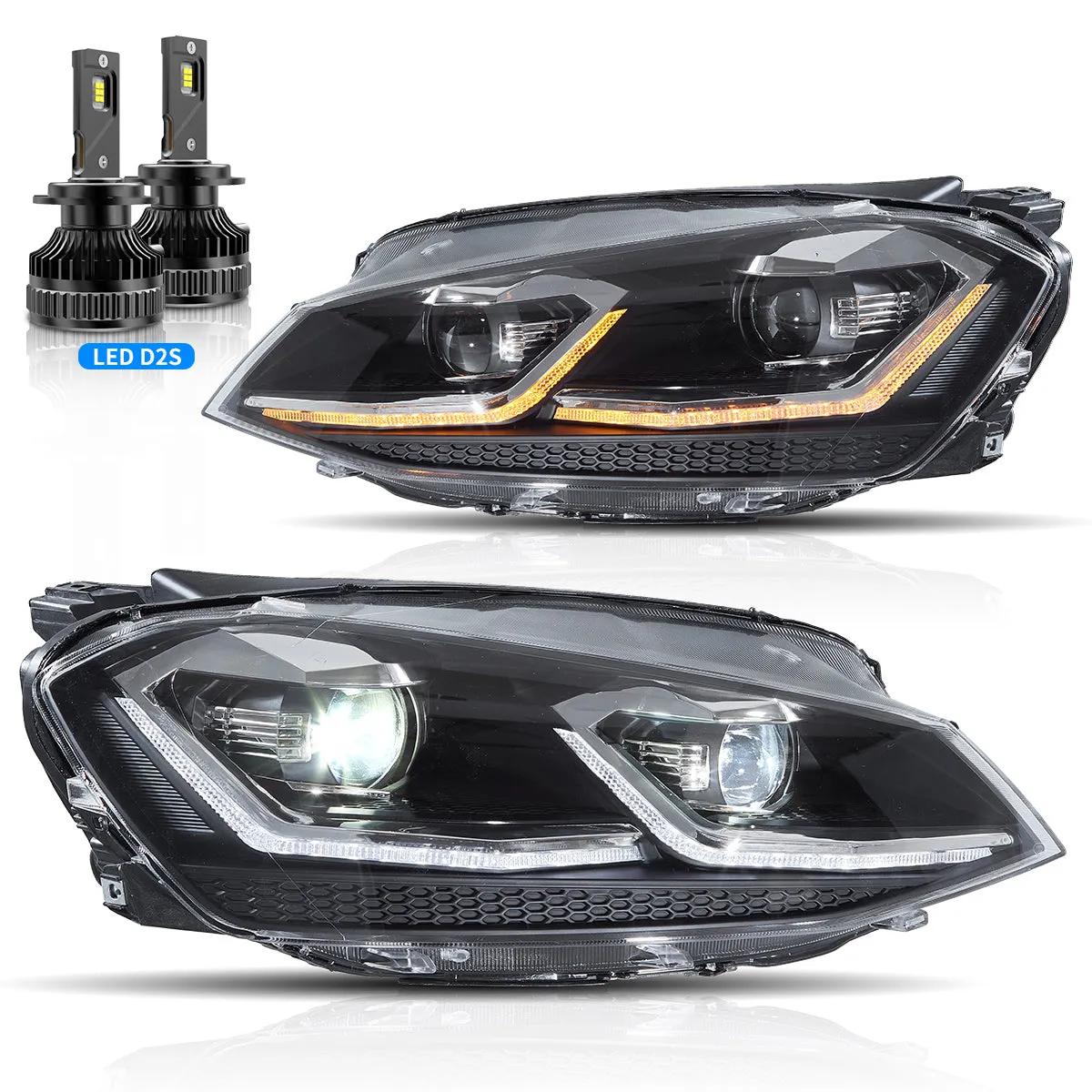 VLAND LED Projector Headlights For Volkswagen Golf 7 MK7 2013-2016 Silver & Red Stripe