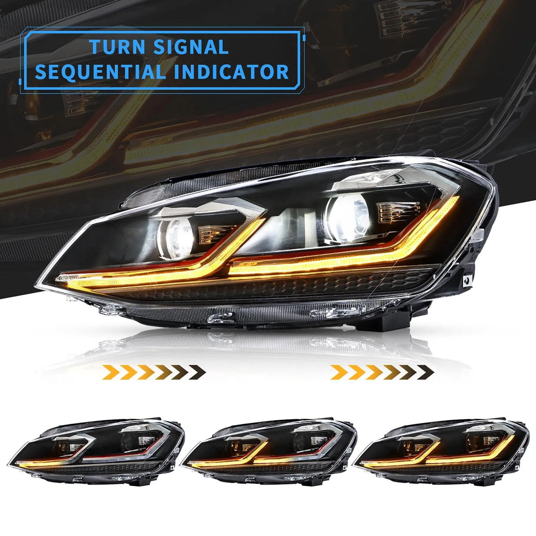 VLAND LED Projector Headlights For Volkswagen Golf 7 MK7 2013-2016 Silver & Red Stripe