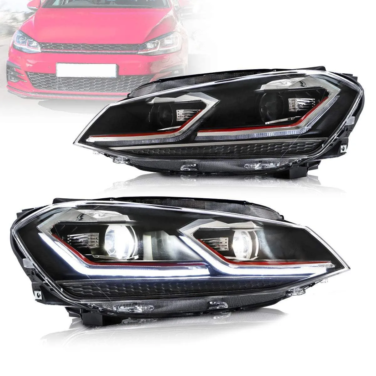 VLAND LED Projector Headlights For Volkswagen Golf 7 MK7 2013-2016 Silver & Red Stripe