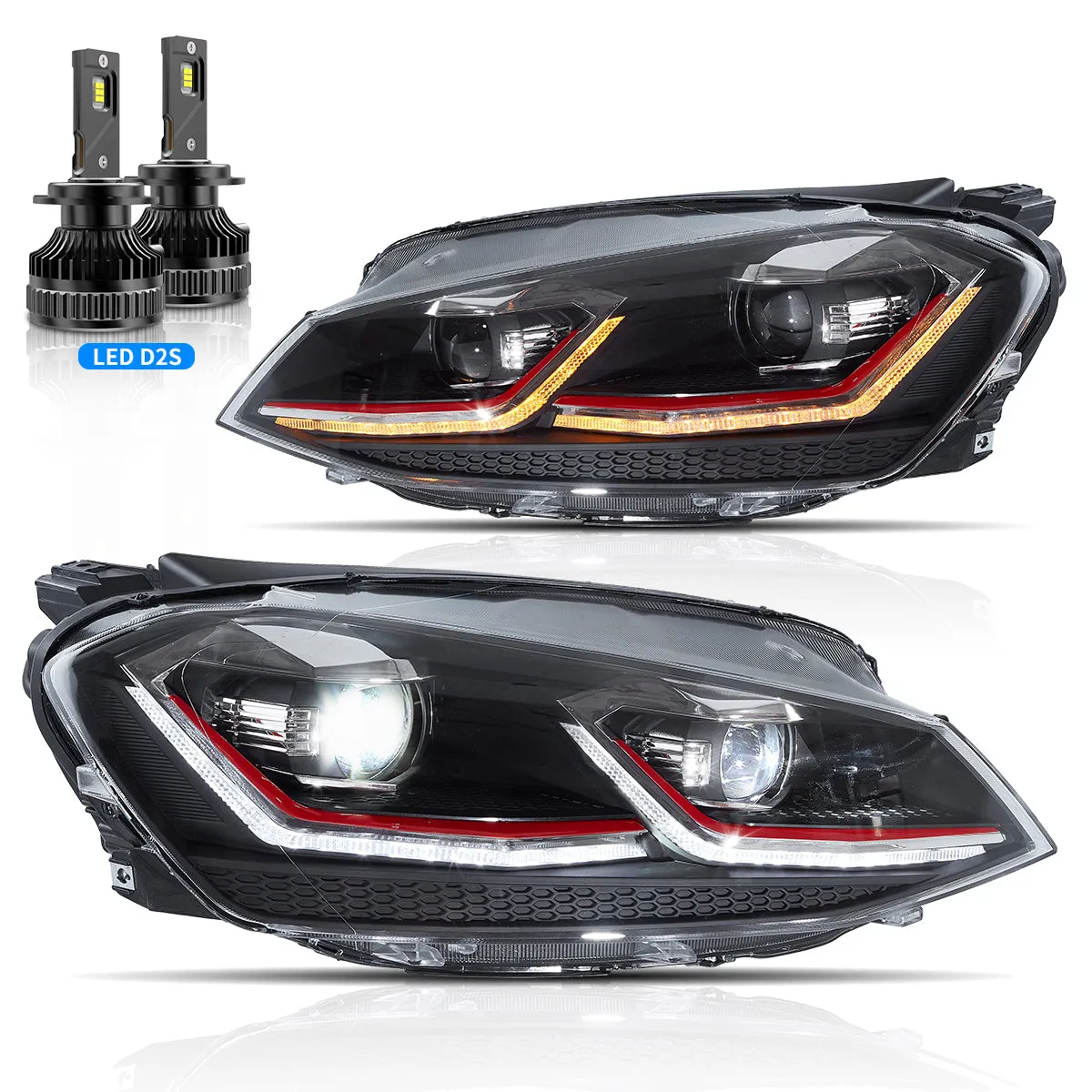 VLAND LED Projector Headlights For Volkswagen Golf 7 MK7 2013-2016 Silver & Red Stripe