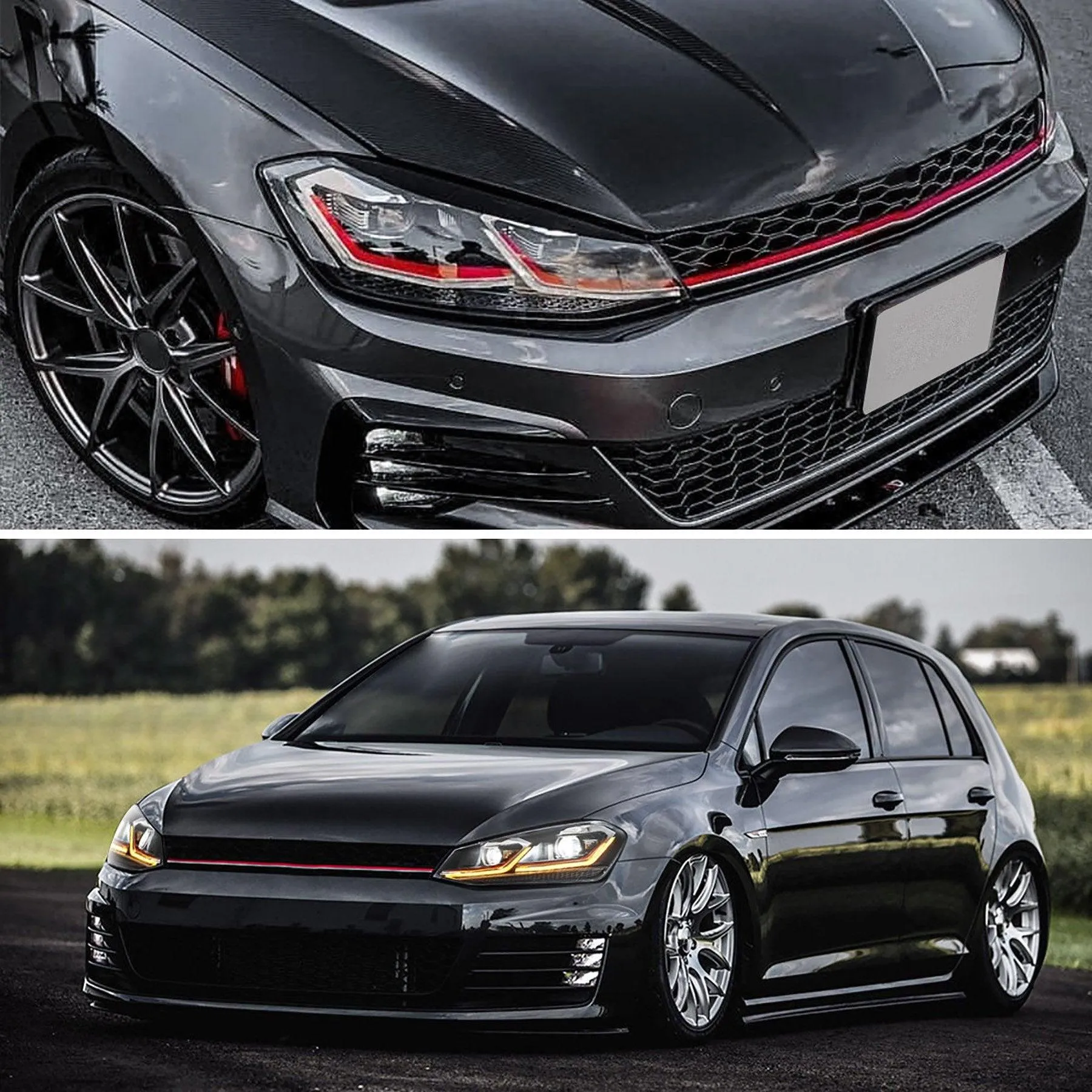 VLAND LED Projector Headlights For Volkswagen Golf 7 MK7 2013-2016 Silver & Red Stripe