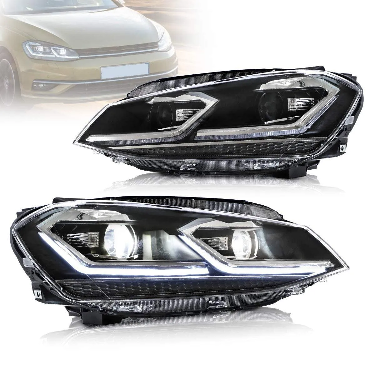 VLAND LED Projector Headlights For Volkswagen Golf 7 MK7 2013-2016 Silver & Red Stripe