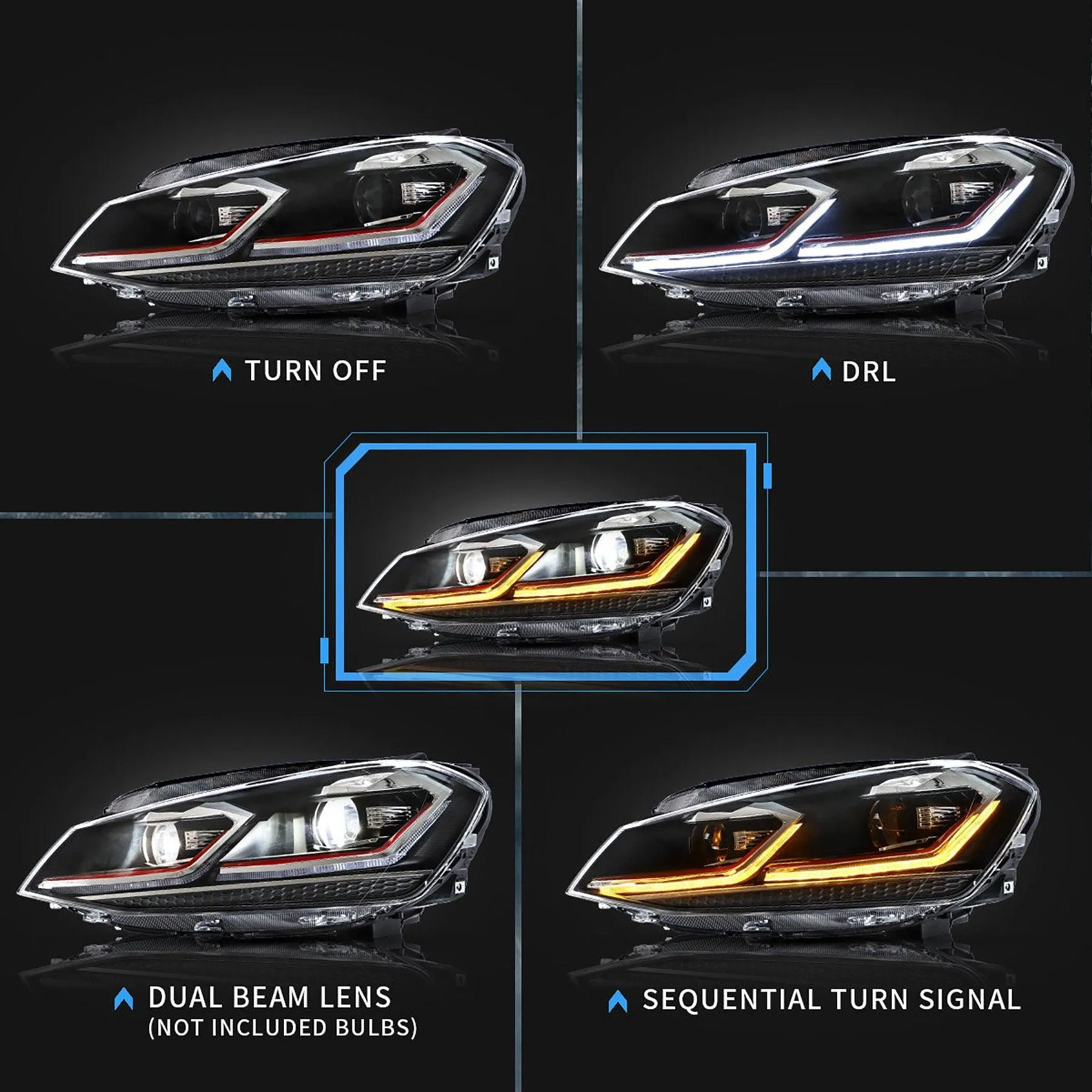 VLAND LED Projector Headlights For Volkswagen Golf 7 MK7 2013-2016 Silver & Red Stripe