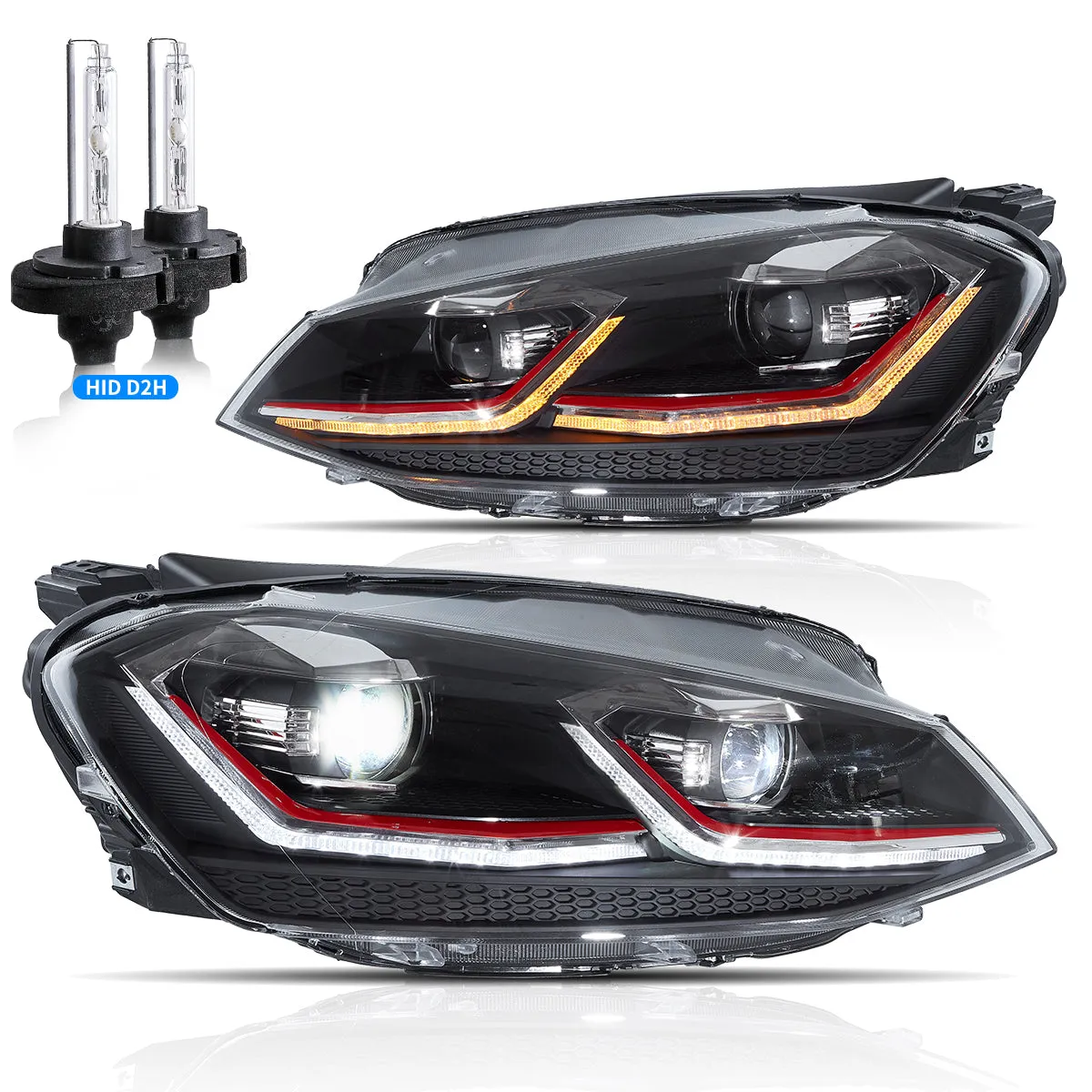 VLAND LED Projector Headlights For Volkswagen Golf 7 MK7 2013-2016 Silver & Red Stripe