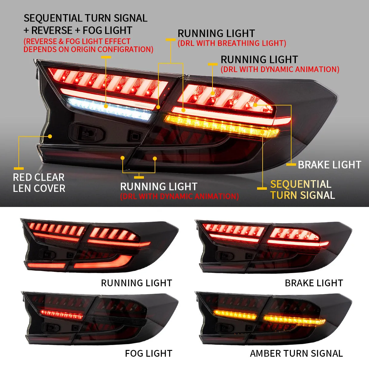VLAND LED V4 Tail Lights For Honda Accord 2018-2021 10th Gen with Amber Sequential Turn Signal