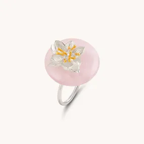 Water Lily On Rose Quartz Pad Adjustable Ring W.