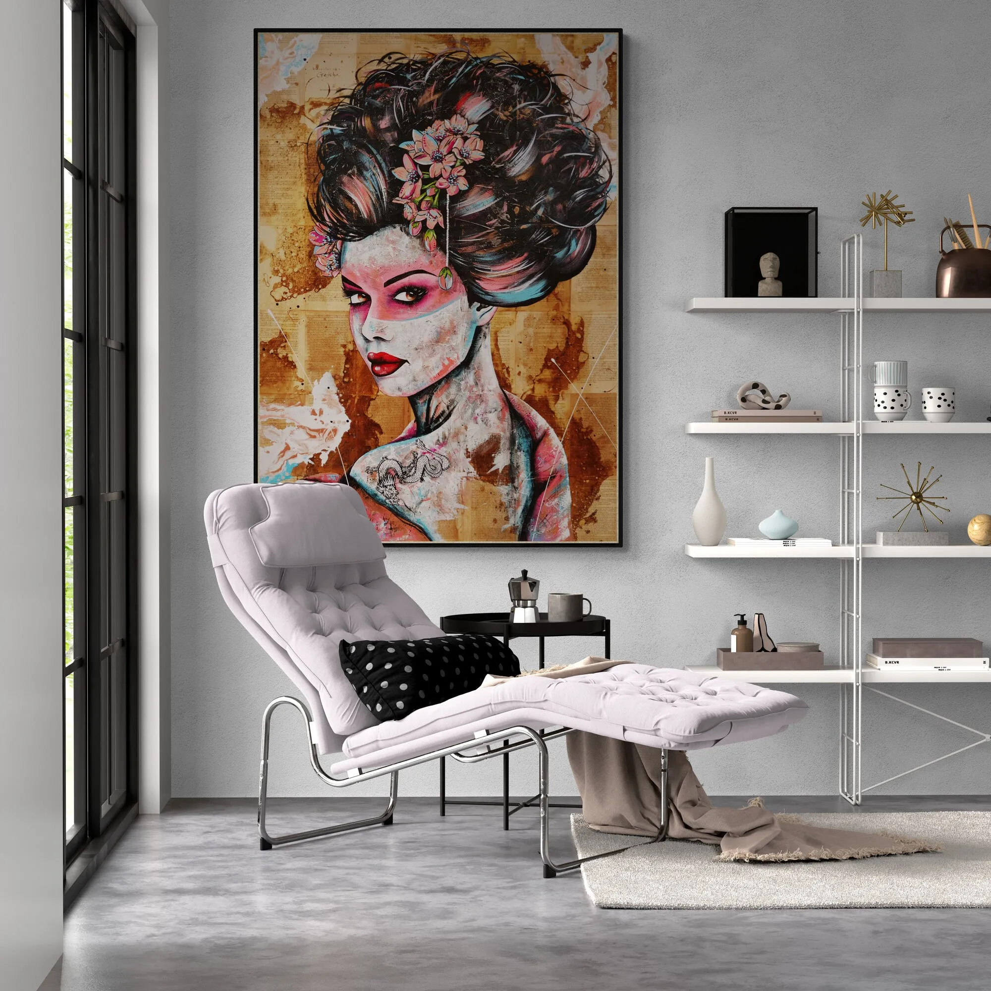 White Dragon 140cm x 100cm Euro Geisha Abstract Realism Book Club Painting (SOLD)