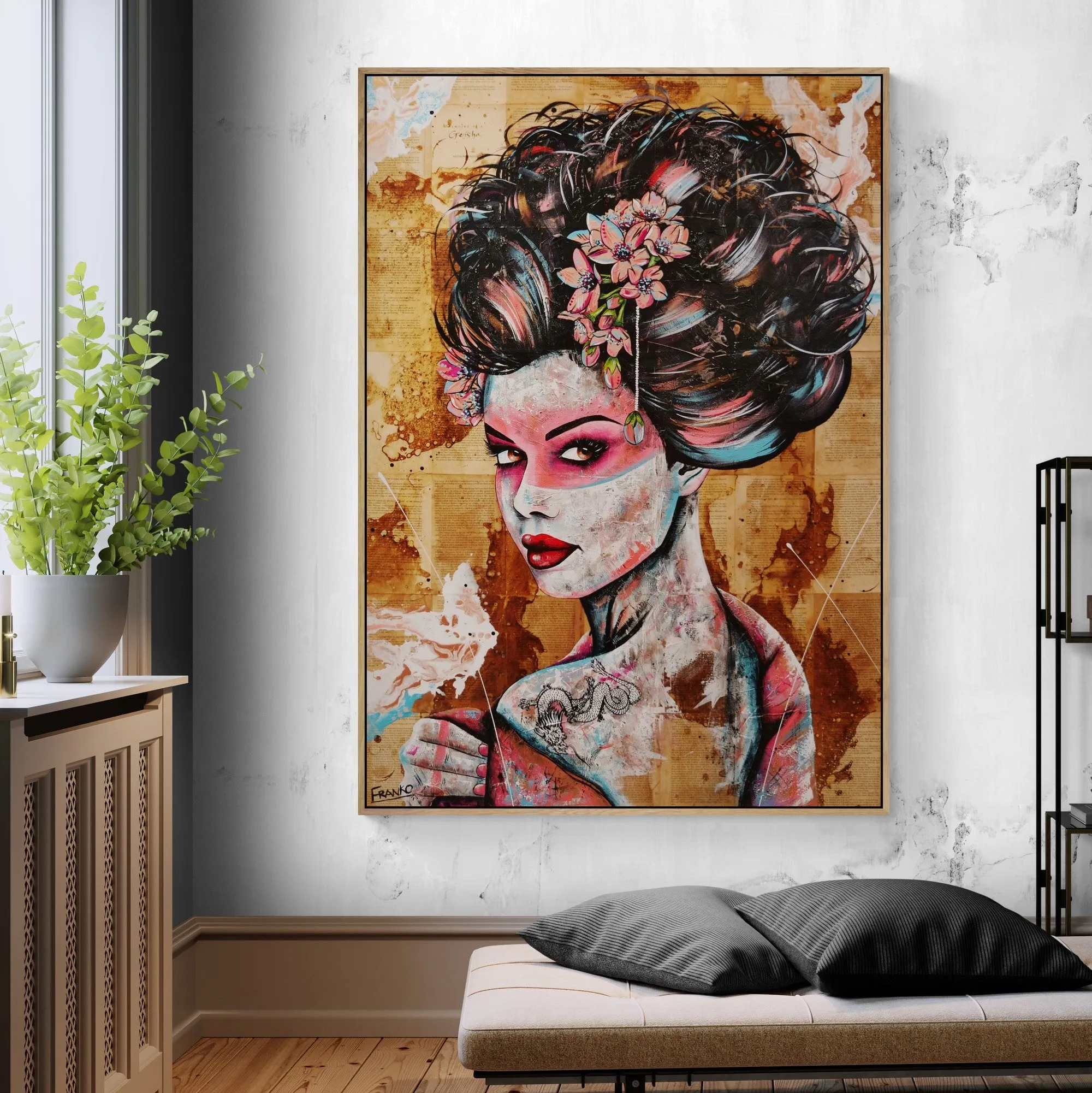 White Dragon 140cm x 100cm Euro Geisha Abstract Realism Book Club Painting (SOLD)