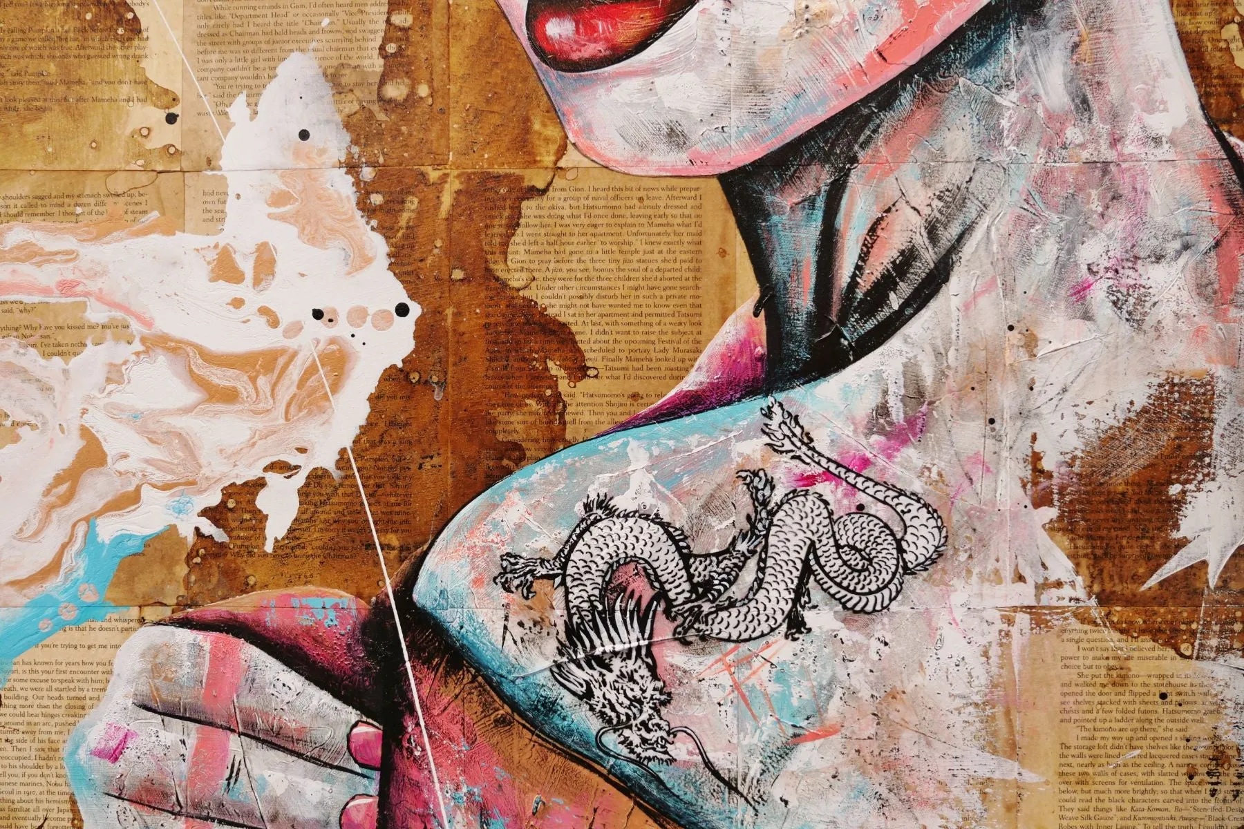 White Dragon 140cm x 100cm Euro Geisha Abstract Realism Book Club Painting (SOLD)
