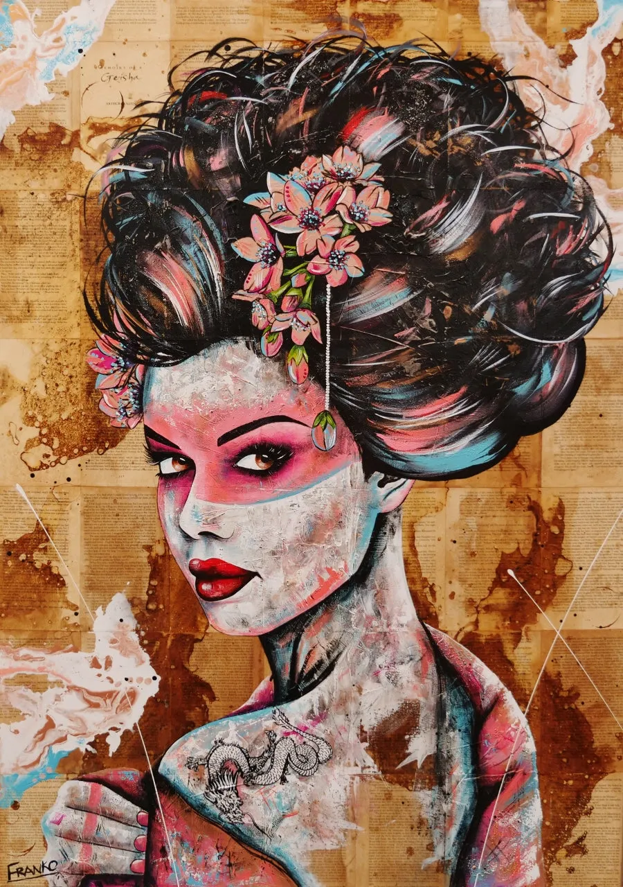 White Dragon 140cm x 100cm Euro Geisha Abstract Realism Book Club Painting (SOLD)