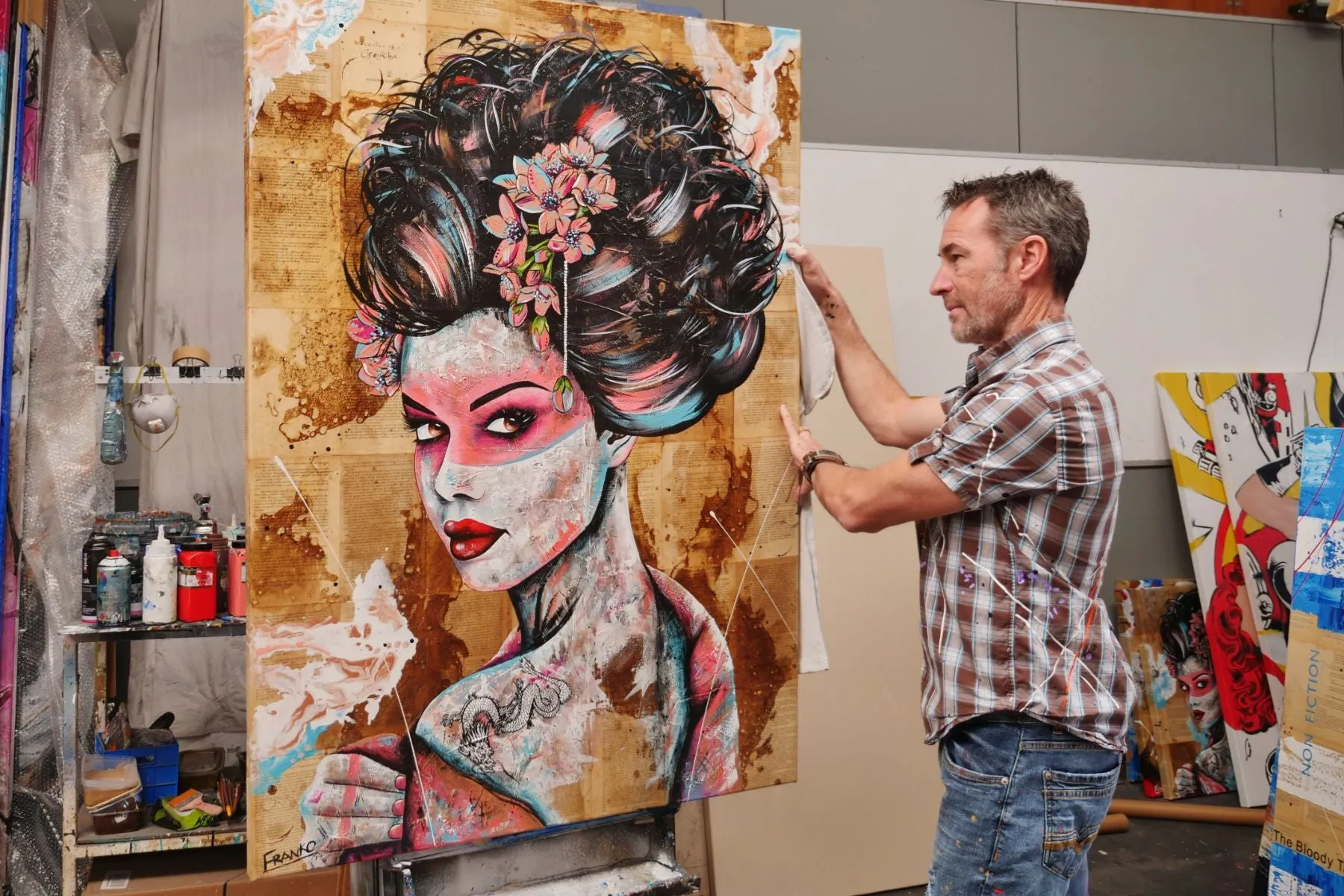 White Dragon 140cm x 100cm Euro Geisha Abstract Realism Book Club Painting (SOLD)